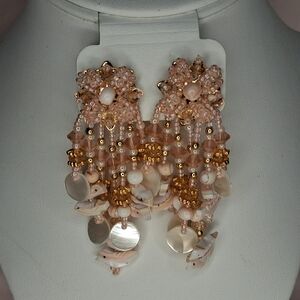 Mother Of Pearl Discs Stone Carved Birds Pink Gold Cluster Seed Beaded Earrings